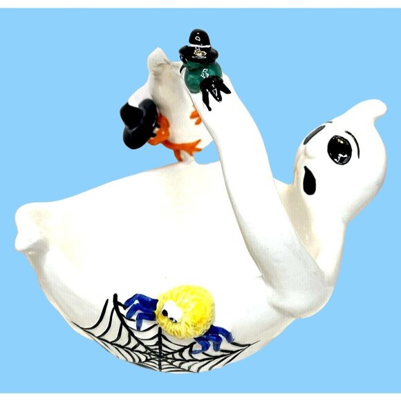 3D Halloween Ghost Ceramic Basket Serving Bowl Candy Dish Spider Web Lizard READ - Picture 2 of 8